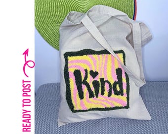 Punch embroidered cotton tote bag, Retro style with KIND text, Large bag.