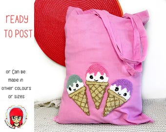 Punch embroidered Pink  cotton tote bag, kawaii ice cream trio, Large bag
