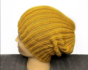 Golden Yello, Ribbed Beanie - Hand knitted vegan hat, ready to post - standard adult size