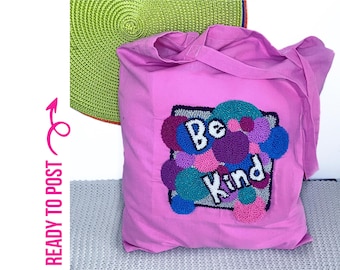 Punch Embroidered Pink Cotton Tote Bag: Be Kind Circle Design