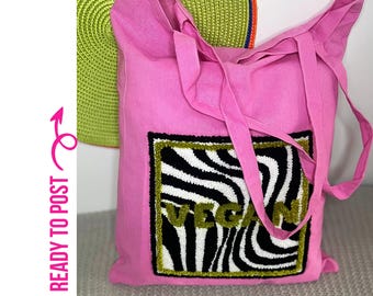 Punch embroidered Pink  cotton tote bag, Retro style with textured Vegan text, Large bag
