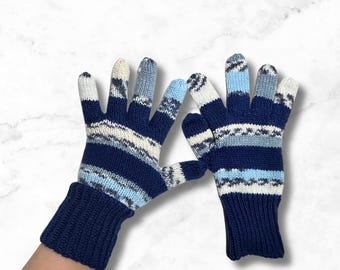 Vegan Knit Gloves – Blue Fair Isle, Nordic Pattern