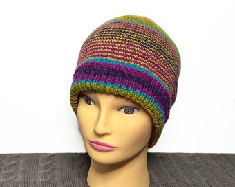Sunny Helix Stripe Beanie - Unisex Vegan Hand-Knitted skull cap - Ready to Post