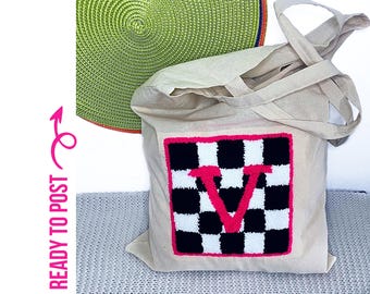 Punch Embroidered Cotton Tote Bag: Retro Checkerboard Initial