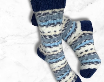 Hand knitted socks, patterned blue socks with navy accents, size 5-7-WELL HEELED