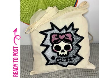 Punch Needle Embroidered Cotton Tote Bag, Skull and Bow