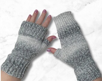 Convertible Fingerless Mittens, Grey Gradient Vegan Wrist Warmers