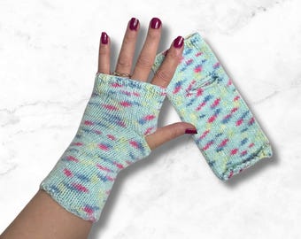 Vegan Knitted Fingerless Gloves – Mint Green Fleck, Working From Home
