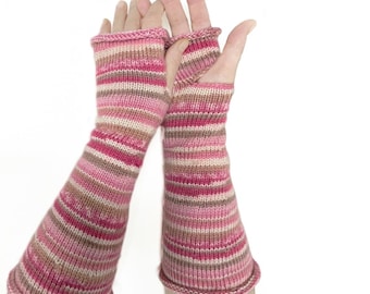 Extra Comfortable Knitted Arm Warmers - Vegan Yarn, Pink & White - Ready to Post