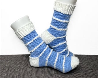 Hand-Knitted Pale Blue & White Ankle Socks - Wedgwood Inspired, vegan socks, ready to post