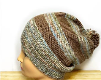 Hand-Knitted Striped Beanie: Unisex Vegan Skull Cap