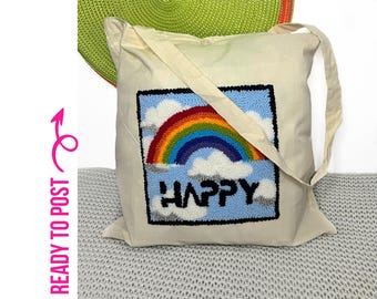 Punch Embroidered Cotton Tote Bag: Rainbow Sparkly Clouds