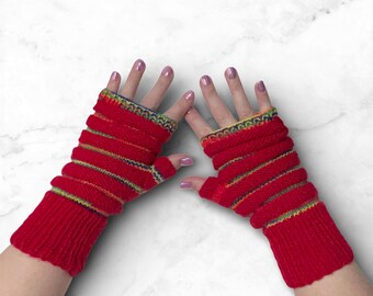 Vegan Knitted Fingerless Gloves, Red and Rainbow Ridge style