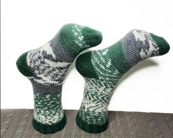 Cosy Hand-Knitted Socks - Green Fair Isle Style - UK Size 5-7 - PIXEL TOES