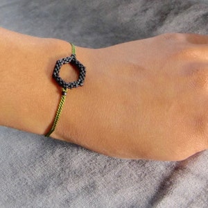 Silk thread bracelet with hexagon charm - Bead woven charm  - Valentine gift - Gift for her
