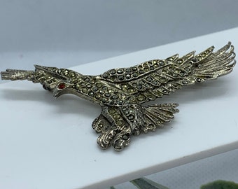 Eagle Brooch Pin. Marcasite Eagle Brooch with Red Eyr.