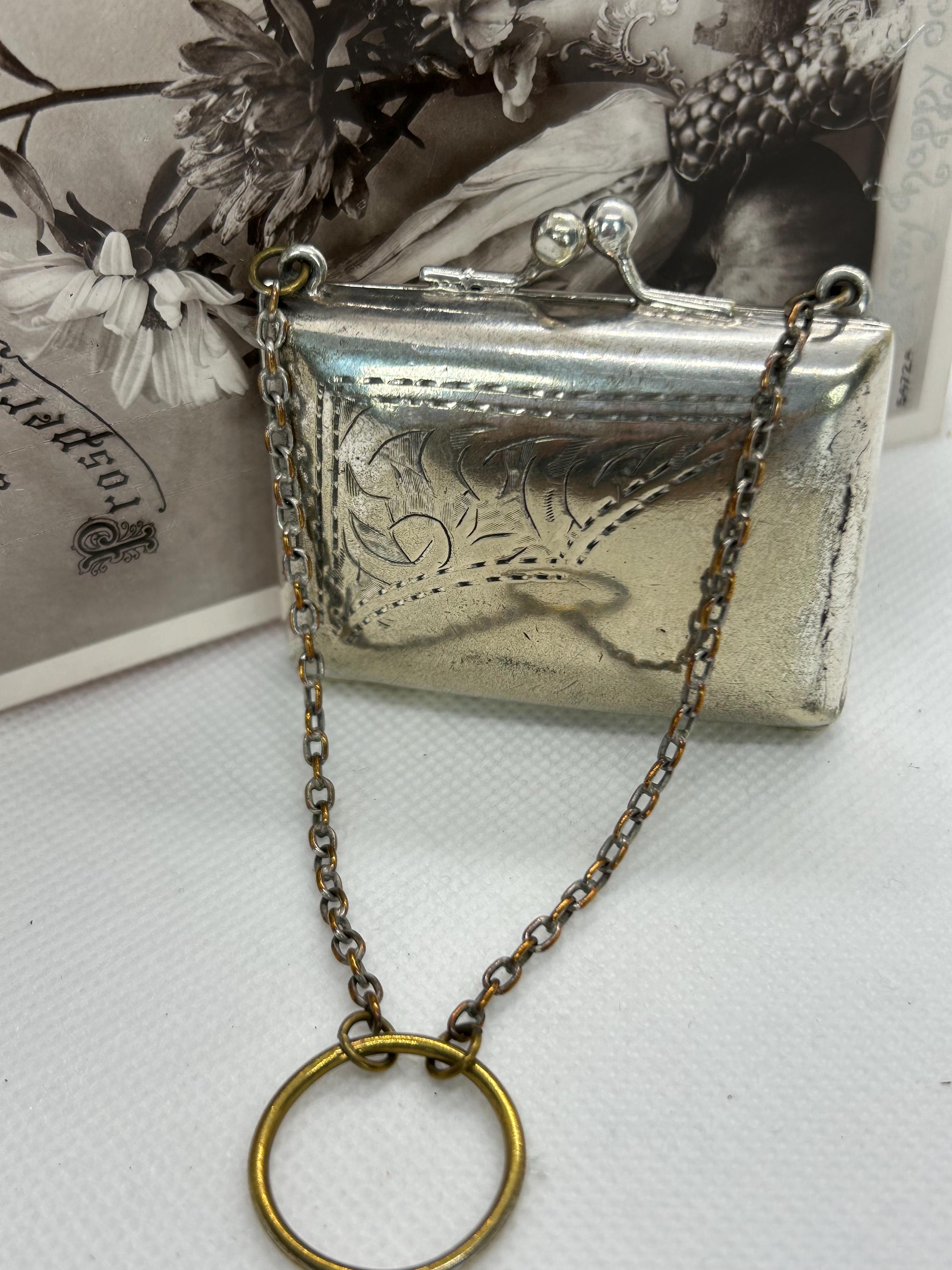 Victorian Silver Plated Coin Purse: Antique Chain Handle, Blue