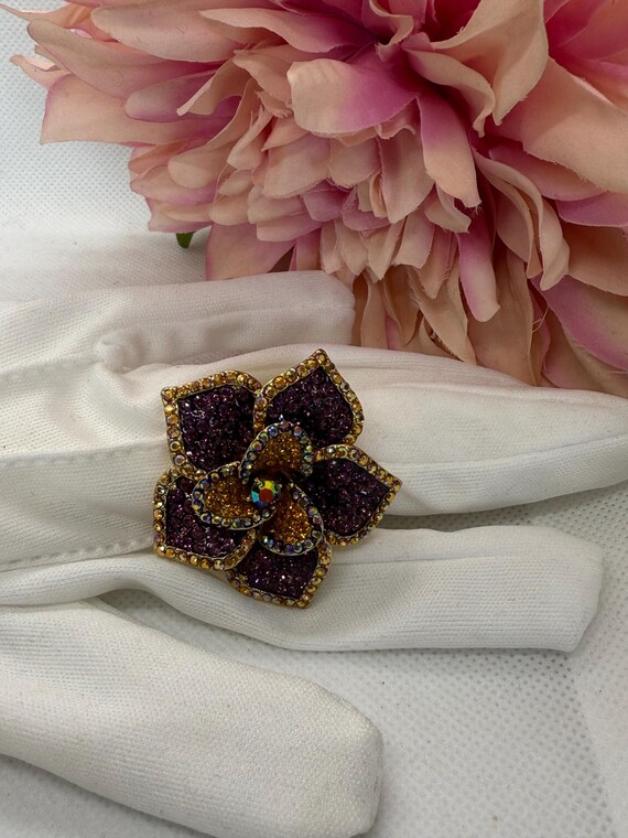 Butler and Wilson Crystal Flower Ring: Purple Ora… - image 6