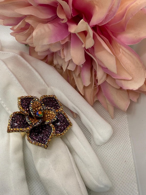 Butler and Wilson Crystal Flower Ring: Purple Ora… - image 5