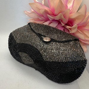 Black Beaded Evening Purse. Vintage Beaded Black and Grey Cocktail Bag