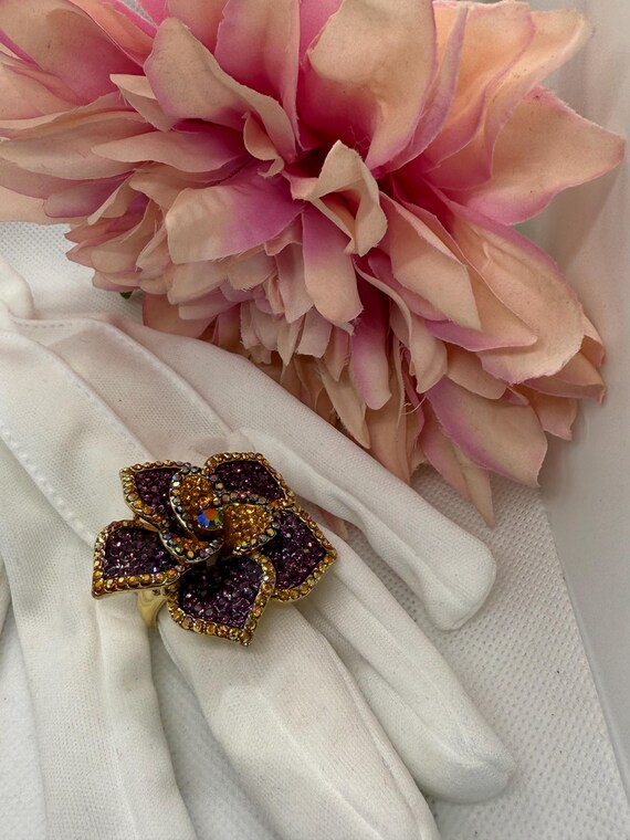 Butler and Wilson Crystal Flower Ring: Purple Ora… - image 3