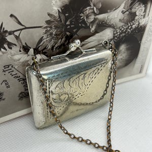 Victorian Silver Plated Coin Purse. Antique Coin Purse with Chain Handle and Blue Interior. Small Antique silver plate purse.