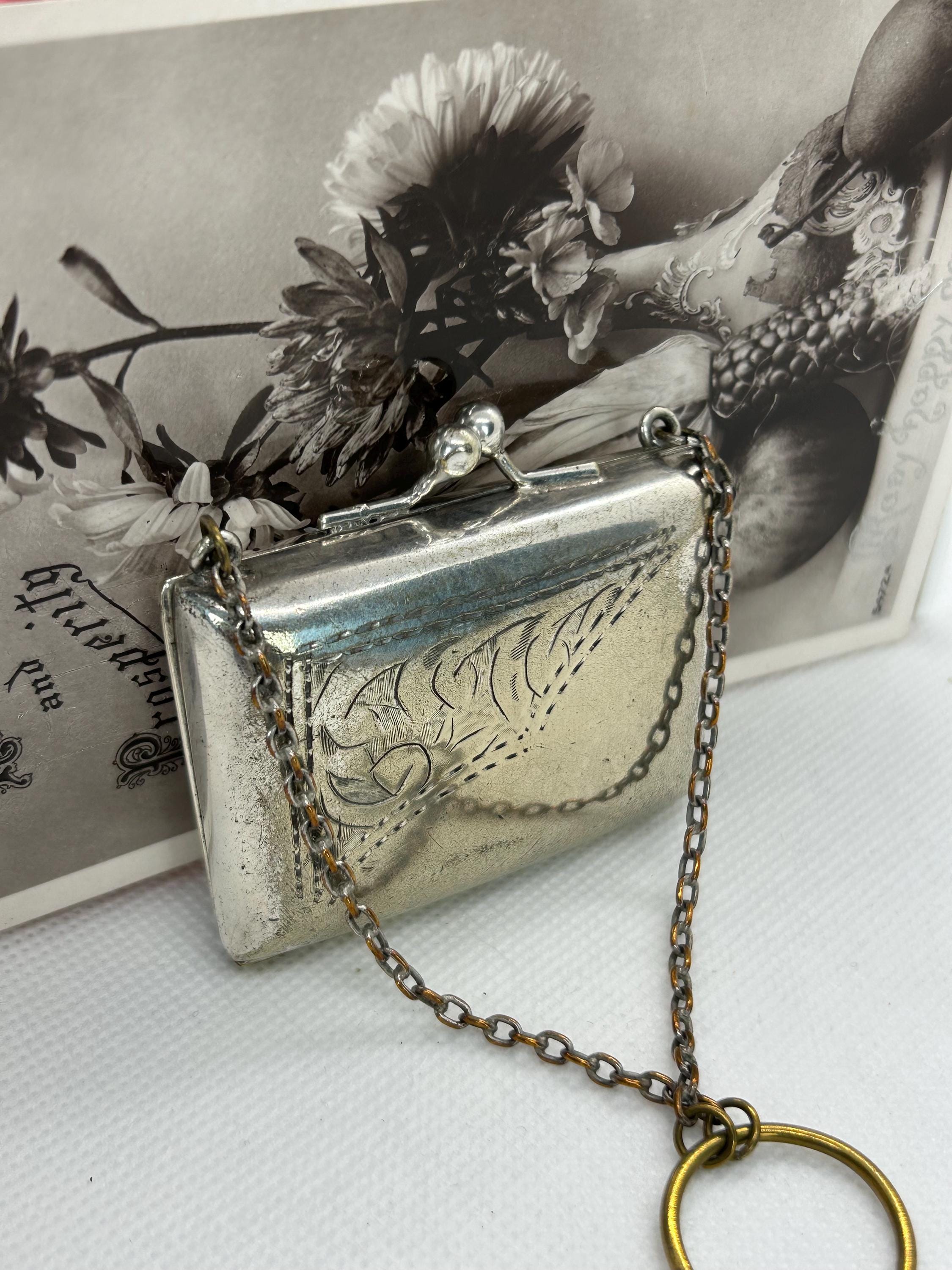 Victorian Silver Plated Coin Purse: Antique Chain Handle, Blue