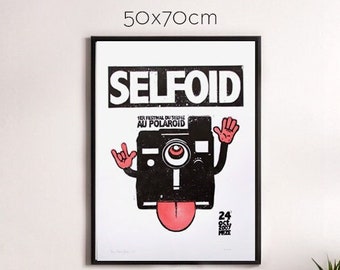 Affiche Linogravure grand format 70X50cm - SELFOID, le premier festival du Selfie au Polaroïd. Réalisation artisanale, tirage limité & signé