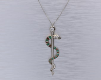 Rod of Asclepius Necklace Emerald and Ruby