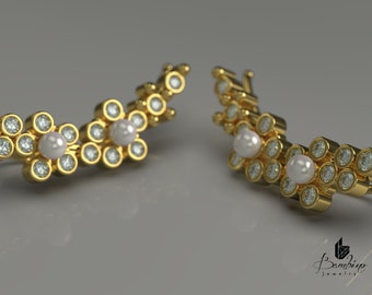 Diamond and Pearl Flower Climber Earrings
