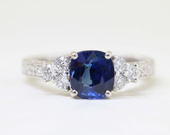 Vintage Style Filigree Cushion Cut natural blue CEYLON SAPPHIRE Ring with Diamond Accent Stones, Antique Style Engagement Rings