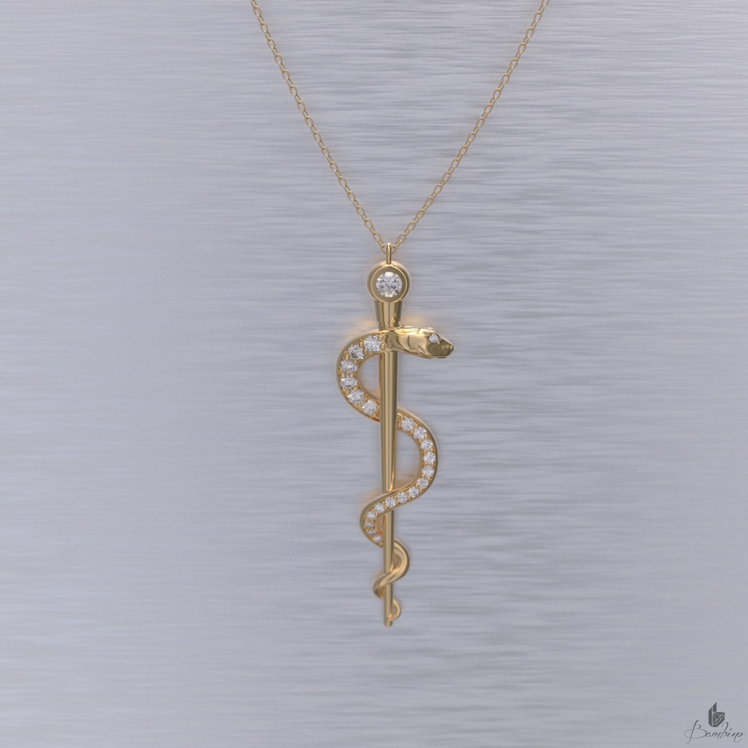 Rod of Asclepius Necklace With Diamonds, Caduceus Necklace, Silver With ...