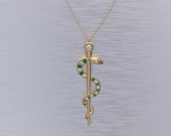 Rod of Asclepius Necklace Emerald and Diamond