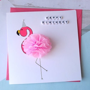 Handgemaakte flamingo-verjaardagskaart met tissuepompon | Gepersonaliseerde wenskaart | Unieke kaart voor flamingoliefhebbers