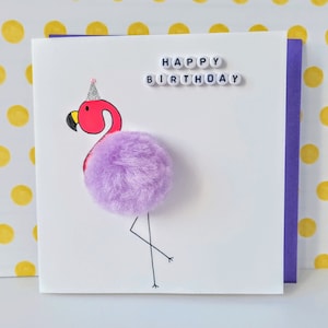 Flamingo Geburtstagskarte mit Pom Pom handgemacht | Einzigartige Tier Grußkarten | Rosa und Lila Karte