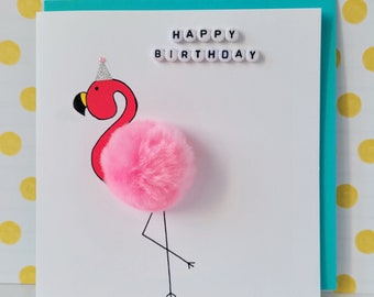 Handgemaakte flamingo-verjaardagskaart met pompon