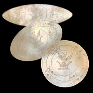 A Set of 3 Phoenix and Coronet Antique Chinese Armorial Mother of pearl Gaming Counters Chips c1780s Antique Heraldry Gaming Tokens