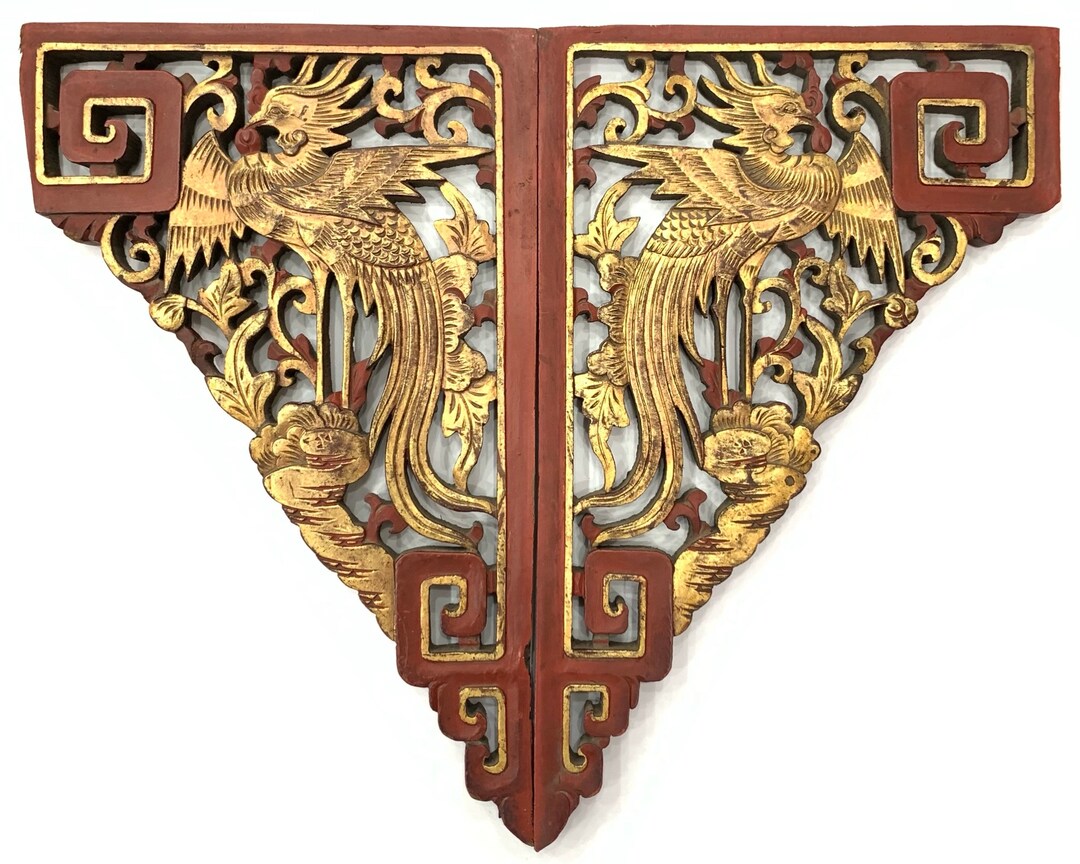 Golden Phoenix Antique Chinese Wood Carved Panels Wall Hanging Etsy