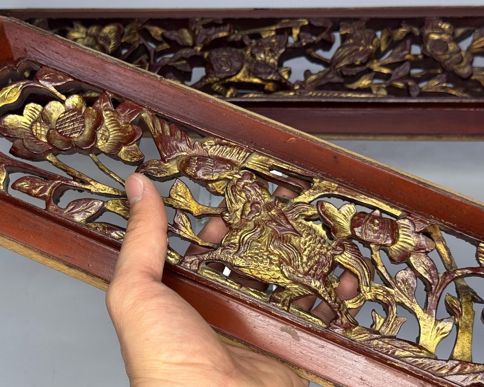 Guilded Design Antique Chinese Carved Wood Panels: Gilded Qilin and Elephant, Wall ...