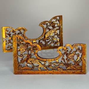 Flower and Bird 花与鸟 PAIR of Vintage Chinese Wood Carved Panels Home Decor Wall Hanging Decor Oriental Vintage