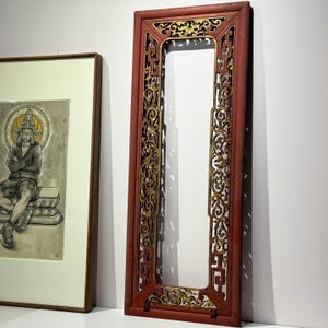 Antique Chinese Window 朱红挂窗 1800s Chinese Wood Carved Red Lacquered Gilt Wooden Wall Hanging Art Decor One of a kind Piece