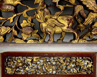 Het mythische wezen Qilin 麒麟 Antiek Chinees houtgesneden paneel uitgehold houtsnijwerk Een uniek cadeau-idee Housewarming Gift