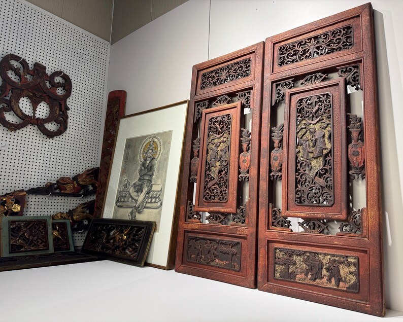 Antique Qing Dynasty Chinese Wood Carved Window Panel Pair, 1800s Wall ...