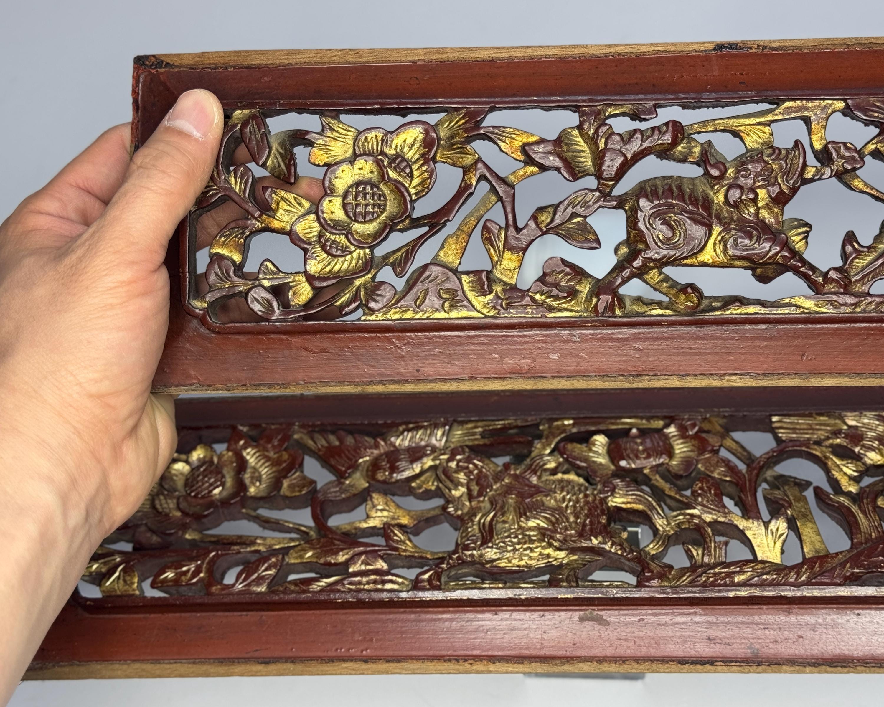 Guilded Design Antique Chinese Carved Wood Panels: Gilded Qilin and Elephant, Wall ...