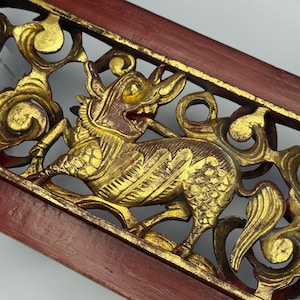 Antique Chinese Wood Carving Panel: Gilded Mythical Creature QILIN, Wall Hanging Decor