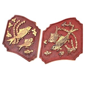 Double Fishes Panels, A Pair of Antique Wood Carvings, Chinese Antique, Hand Made Wood Wall Hanging Decor.