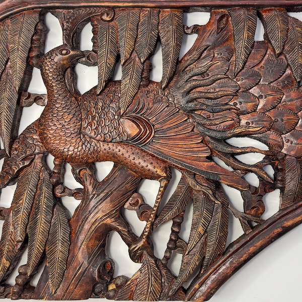 The PEACOCK 孔雀开屏 Large Antique Chinese Wood Carved Panel 1930's Handmade Wood Wall Hanging Art