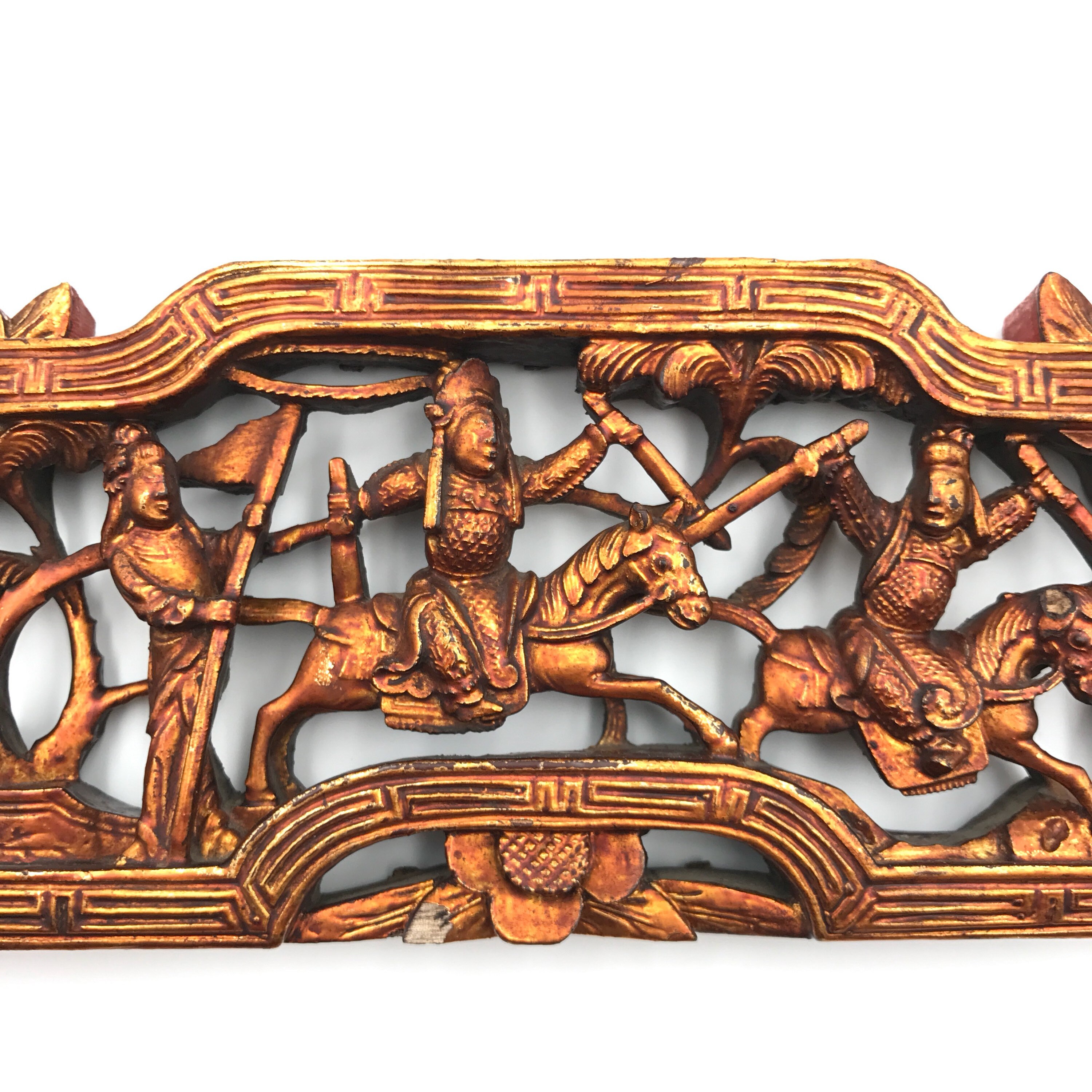 中国のアンティーク木彫パネル：戦闘シーンのアートワーク、1910年代