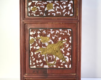 Antique Chinese Wood Panel, Floral Carved Wall Hanging, 1930s Decor