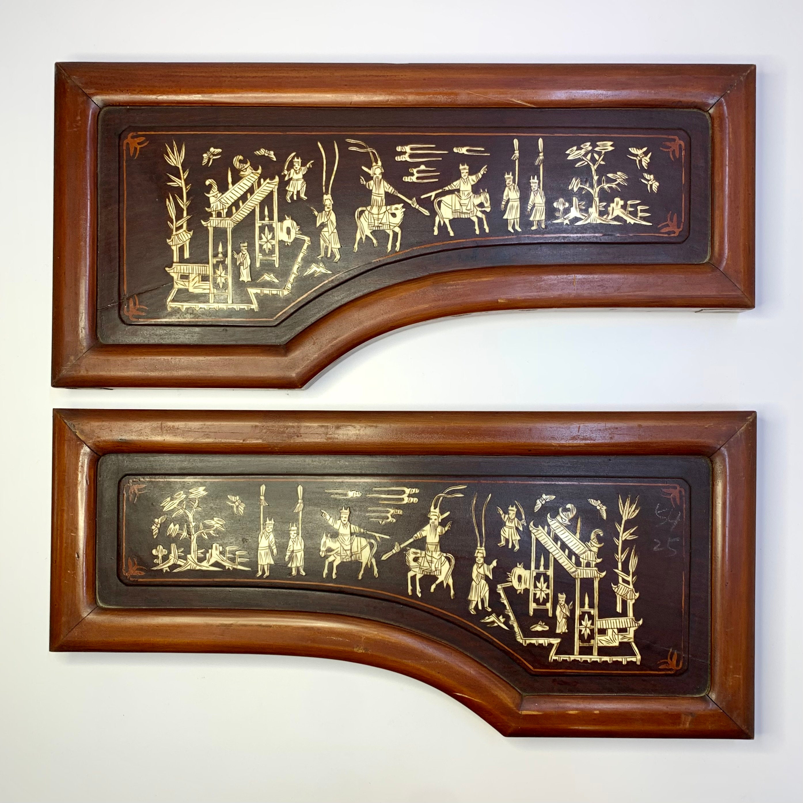 アンティーク中国製ローズウッドパネル、牛骨象嵌彫刻、1920年代の室内